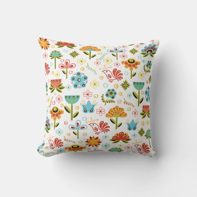 Cojín Decorativo Flores y pájaros retros caprichosos (Anverso)