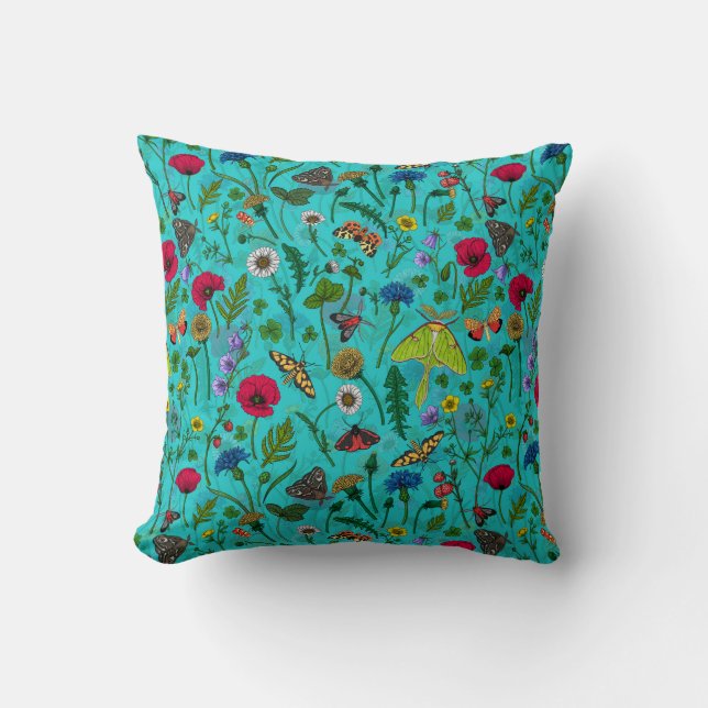 Cojín Decorativo Flores y polillas silvestres en verde azulado (Anverso)