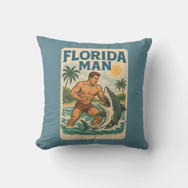 Cojín Decorativo Florida Man Coastal Shark Wrestler - Retro Beach (Anverso)