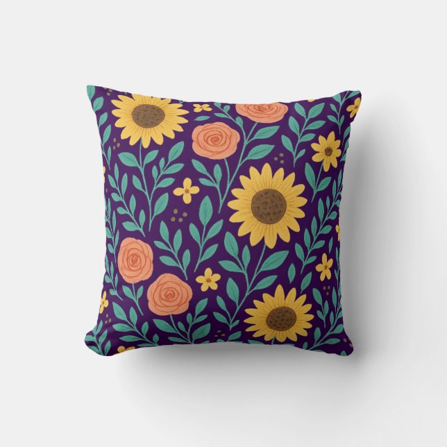 Cojín Decorativo Flower pattern with dark purple background (Anverso)