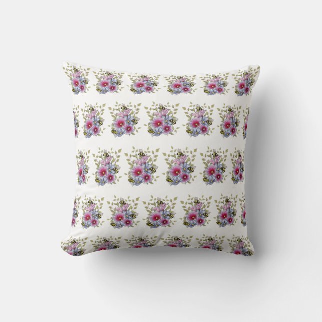Cojín Decorativo FLOWERS & BEES Digital Drawing, Pink Hollyhocks (Anverso)