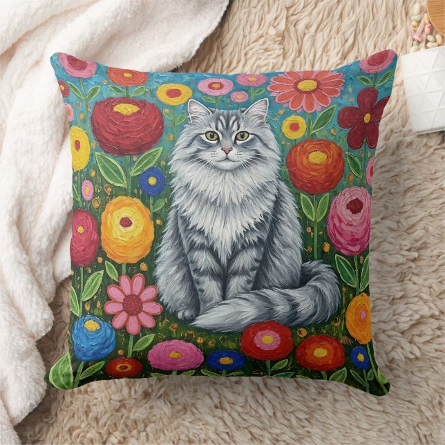 Cojín Decorativo Fluffy Gray Striped Cat with Folk Art Flowers (Manta)
