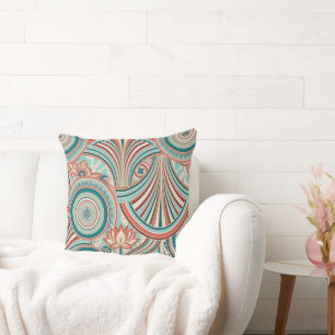 Cojín Decorativo Flujo Nouveau de Coral y Turquesa