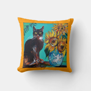 COJÍN DECORATIVO FLUJOS CON GATO NEGRO EN TURQUÍA AZUL