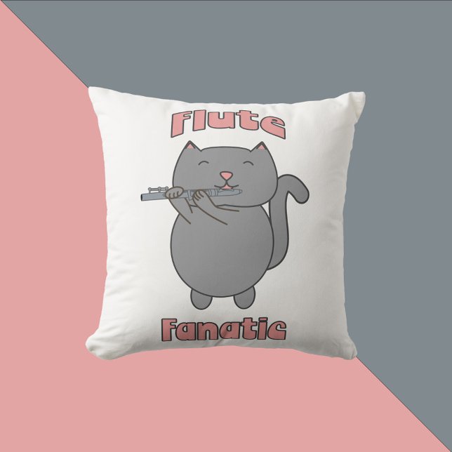 Cojín Decorativo Flute Fanatic Musical Flute Cat Pink (A throw pillow featuring a gray cat playing the flute and the text Flute Fanatic in pink.)