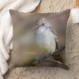 Cojín Decorativo Flycatcher sonriente de ceniza en rama de espino d