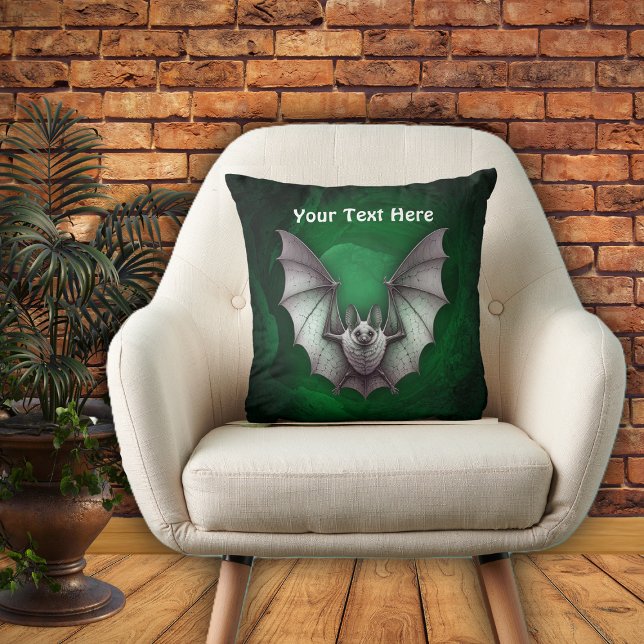 Cojín Decorativo Flying Grey Bat Spooky Green Glowing Cave (Grey bat flying from spooky glowing green cave with trees on Halloween throw pillow.)