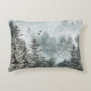 Cojín Decorativo Foggy Mountain Snowy Woodland Forest Ravens