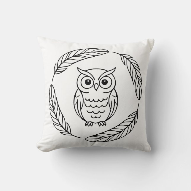 Cojín Decorativo Folk Owl Line Art Surrounded by Feathers (Anverso)