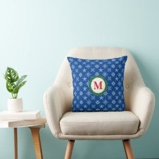 Cojín Decorativo Fondo azul de copos de nieve blanca monograma