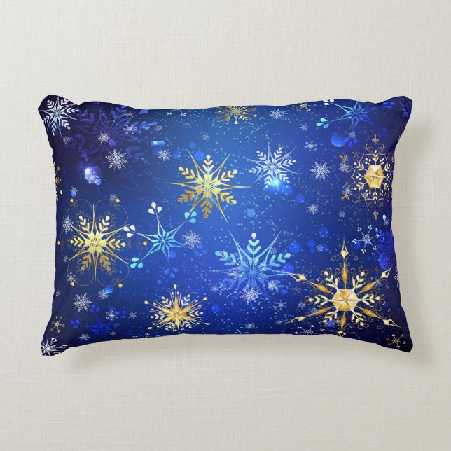 Cojín Decorativo Fondo azul XMAS con copos de nieve dorados (Anverso)