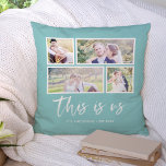Cojín Decorativo Fondo de color editable Collage de fotos de This i<br><div class="desc">Almohada con las palabras "this is us" en una elegante letra blanca con 4 fotos con un borde blanco alrededor de ellas dispuestas una al lado de la otra en la parte delantera y trasera, lo que hace un total de 8 fotos que puedes reemplazar con tus propias fotos sobre...</div>