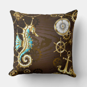 Cojín Decorativo Fondo de madera con caballito de mar mecánico