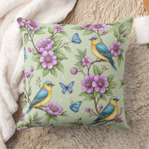 Cojín Decorativo Fondo de menta Pájaros cantores y flores púrpuras
