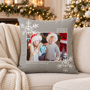 Cojín Decorativo Fondo de Navidad con Copos de Nieve Grises Rústico