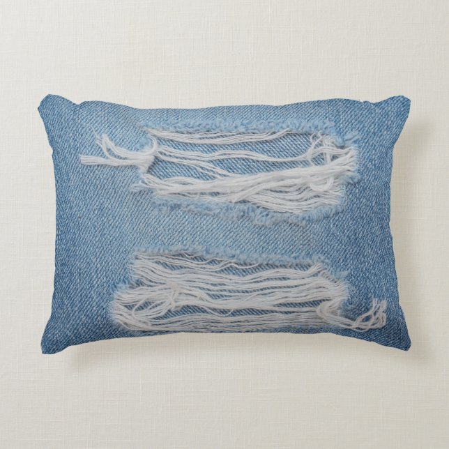Cojín Decorativo Fondo de textura de vaqueros de denim azul rotos.  (Anverso)