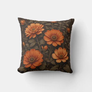 Cojín Decorativo Fondo marrón oscuro y flores naranjas quemadas