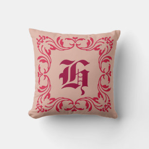 Cojín Decorativo Fondo rosa de la reina común   Monograma de Damask