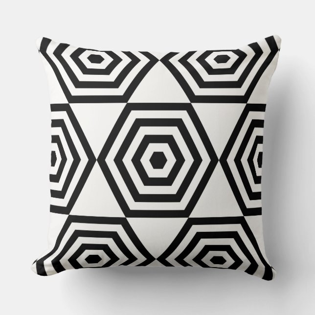 Cojín Decorativo Forma geométrica hexagonal abstracta en negro y bl (Anverso)