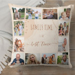 Cojín Decorativo Formas orgánicas en tiempo familiar Neutral 12 Squ<br><div class="desc">Crea tu propia almohada fotográfica con 12 de tus fotos favoritas. El diseño abstracto de diseño moderno de formas orgánicas, pinceladas y salpicaduras tiene una paleta de colores neutros en tonos beige crema y cobre. Está escrito con la frase "el tiempo de familia es el mejor momento" en tipografía de...</div>