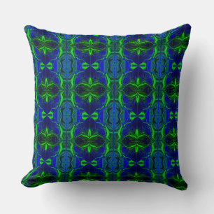 Cojín Decorativo Formas, 'trazos verdes flotan' sobre fondo azul