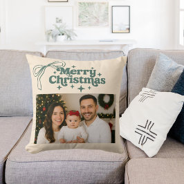 Cojín Decorativo Foto beige lazo verde dibujado a mano Navidad