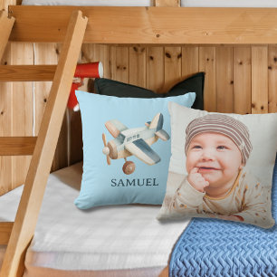 Cojín Decorativo Foto de avión vintage en acuarela bebé niño azul