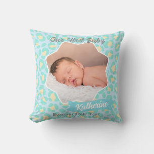 Cojín Decorativo Foto de bebé azul pastel Leopardo Amarillo