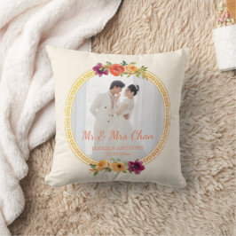 Cojín Decorativo Foto de boda de pareja con marco floral beige