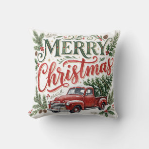 Cojín Decorativo Foto de Camión Rojo con Letra a Mano Navidad