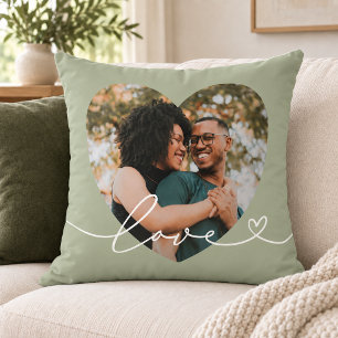 Cojín Decorativo Foto de corazón con letra de amor en verde salvia