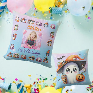 Cojín Decorativo Foto de cumpleaños de Halloween de niña con fantas