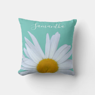 Cojín Decorativo Foto de Daisy Verde azulado Elegante Guión Blanco