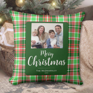Cojín Decorativo Foto de familia Plaid Rojo Verde Feliz Navidad