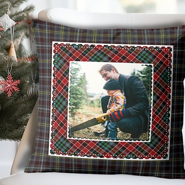 Cojín Decorativo Foto de familia rusa moderna mezclada (Mixed Plaid Modern Rustic Family Photo Throw Pillow)