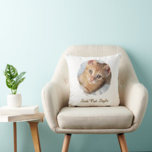 Cojín Decorativo Foto de gato con texto, reemplazable, estilo de ga