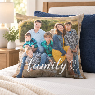 Cojín Decorativo Foto de guión de corazón de familia Texto blanco