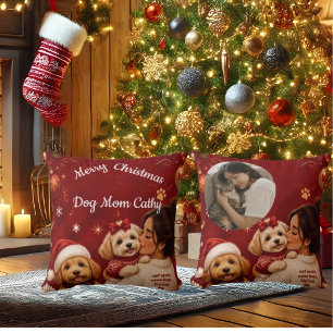 Cojín Decorativo Foto de Mamá Perro Navideña Carmesí Adorable