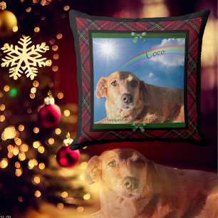 Cojín Decorativo Foto de Mascota Familiar Plaid Tartán Rojo Puente 