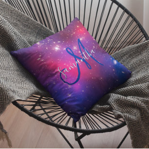Cojín Decorativo Foto de monograma celestial rosa intenso y azul ma