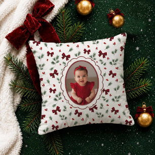Cojín Decorativo Foto de Navidad con Lazo Rojo