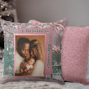 Cojín Decorativo Foto de Navidad de Invierno Rosa para la Familia