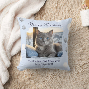 Cojín Decorativo Foto de Navidad de Mascota Azul Hielo Mamá Gato