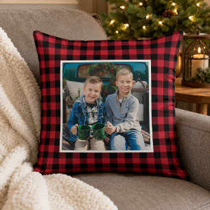 Cojín Decorativo Foto de Navidad en Cuadros Rojo Negro Búfalo