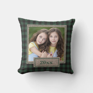 Cojín Decorativo Foto de Navidad en Plaid Búfalo Verde Arpillera Rú