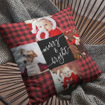 Cojín Decorativo Foto de Navidades de escúfalos rojos vivos y moro<br><div class="desc">Guión moderno Merry & Bright Navidades de mantas de búfalo rojo almohada de foto con espacio para 4 fotos y tu nombre familiar rodeado por una divertida rejilla de patrón de edredón.</div>