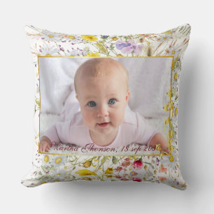 Cojín Decorativo Foto de niña bebé con flores de acuarela rosa lind