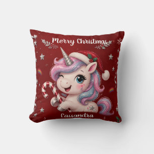 Cojín Decorativo Foto de niña unicornio mágico carmesí de Navidad a