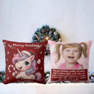 Cojín Decorativo Foto de niña unicornio mágico carmesí de Navidad a