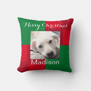 Cojín Decorativo Foto de perro lindo rojo y verde de vacaciones